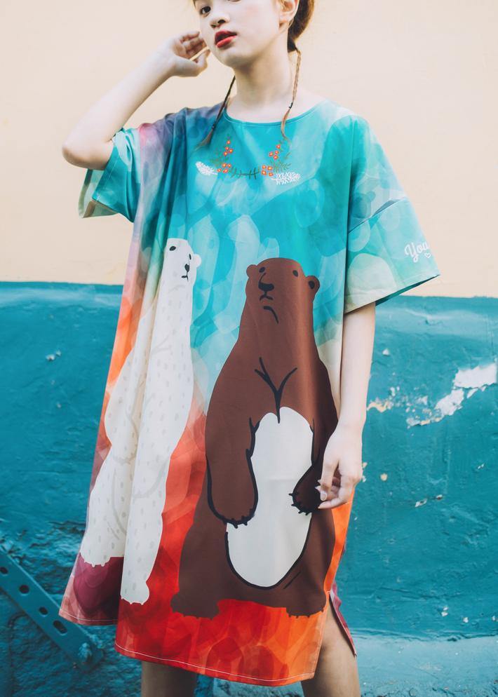 Blue Print O-Neck Animal Cute Summer Dresses Short Sleeve - bagstylebliss
