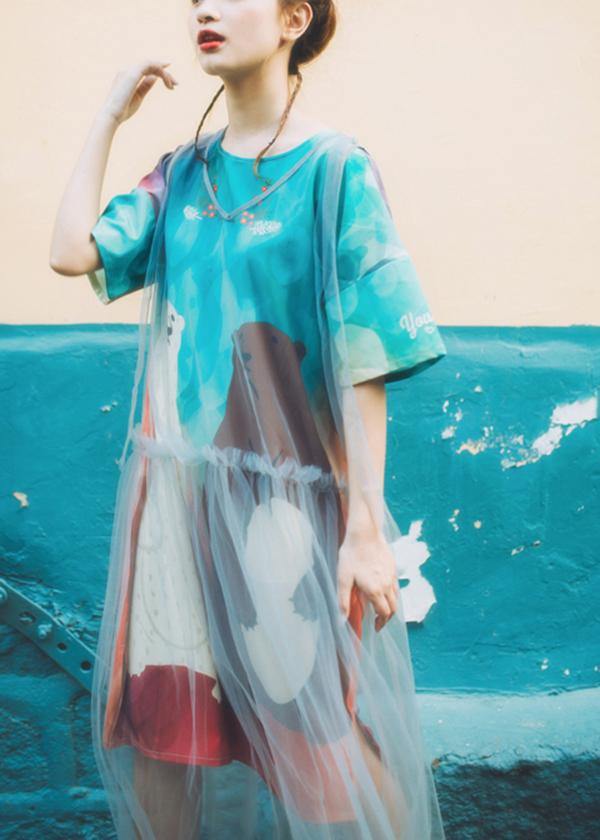 Blue Print O-Neck Animal Cute Summer Dresses Short Sleeve - bagstylebliss