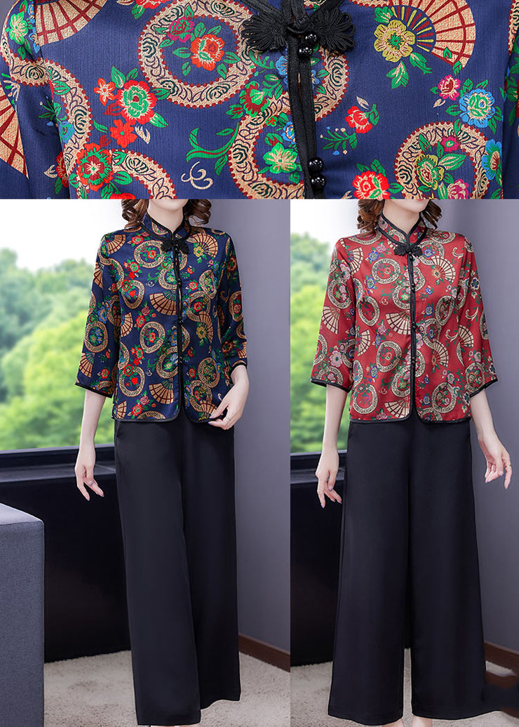 Blue Print Oriental Silk Shirt And Crop Pants Two Pieces Set Mandarin Collar Long Sleeve