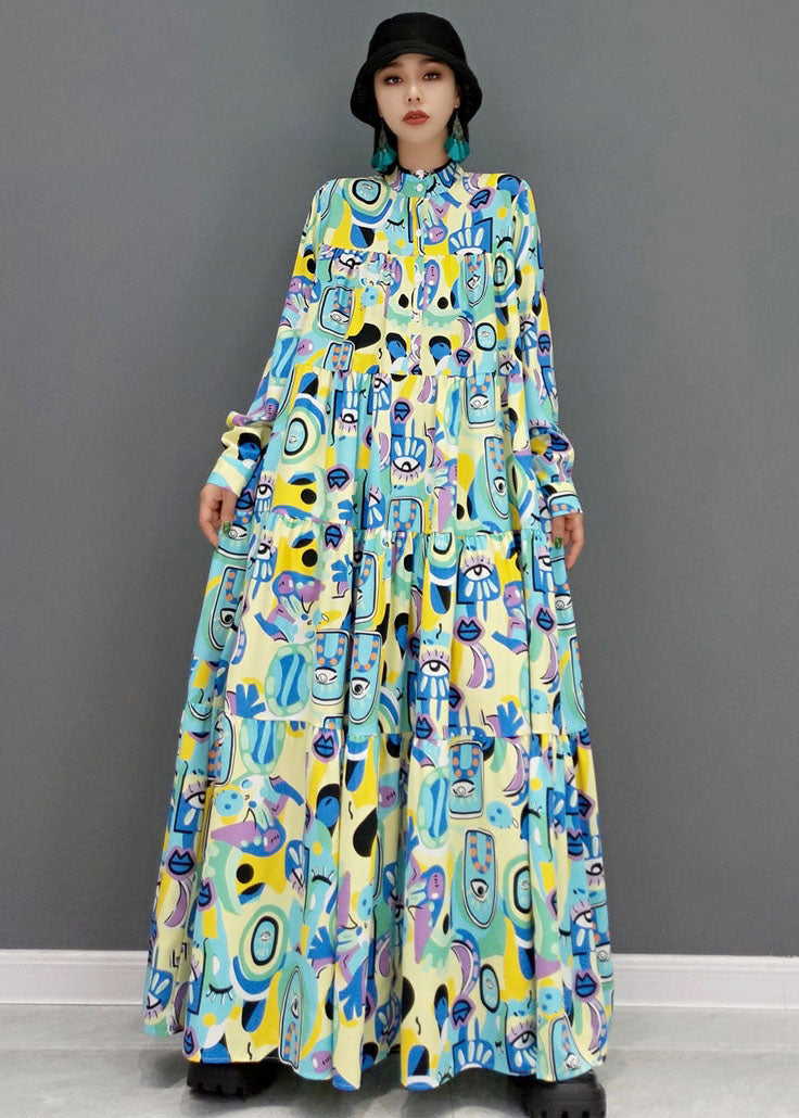 Blue Print Patchwork Cotton A Line Long Dress Stand Collar Long Sleeve