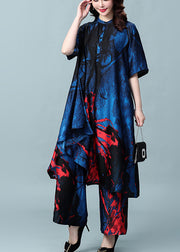 Blue Print Silk Dress And Wide Leg Pants Two Piece Set Outfits Stand Collar Button Summer