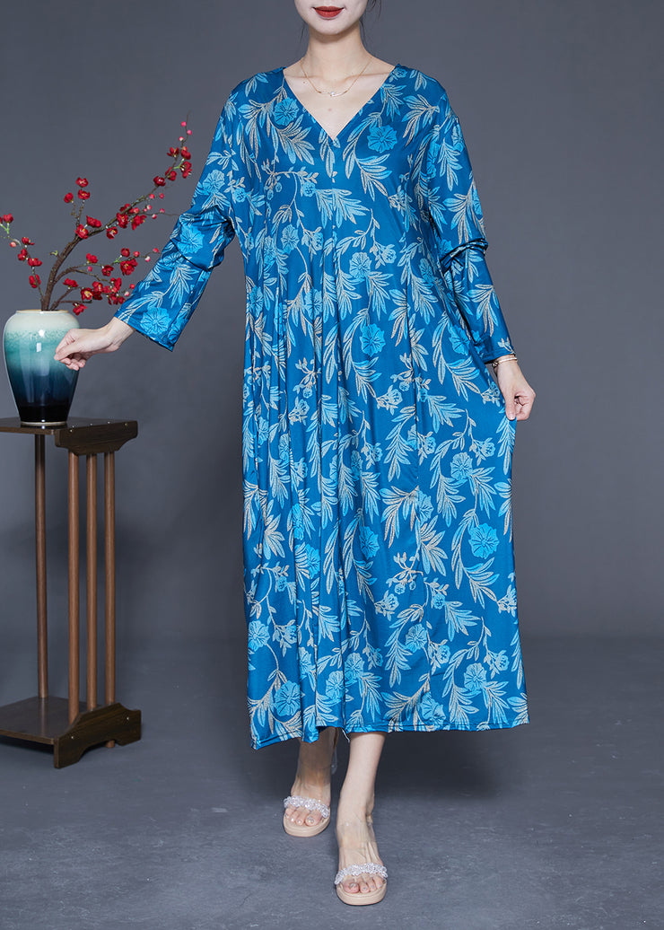 Blue Print Silk Holiday Dresses V Neck Oversized Spring