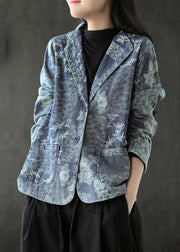 Blue Print Western-style clothes Coat Pocket Long Sleeve