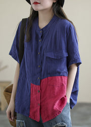 Blaues, rotes Colorblock-Leinen-Hemdoberteil, Patchwork, große Taschen, kurze Ärmel