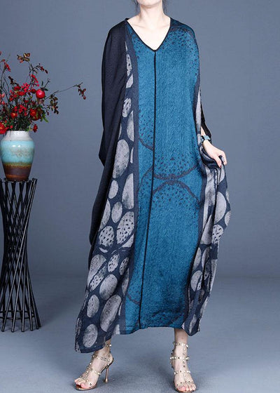 Blue Retro V Neck Patchwork Summer Robe Dresses Bat wing Sleeve - bagstylebliss