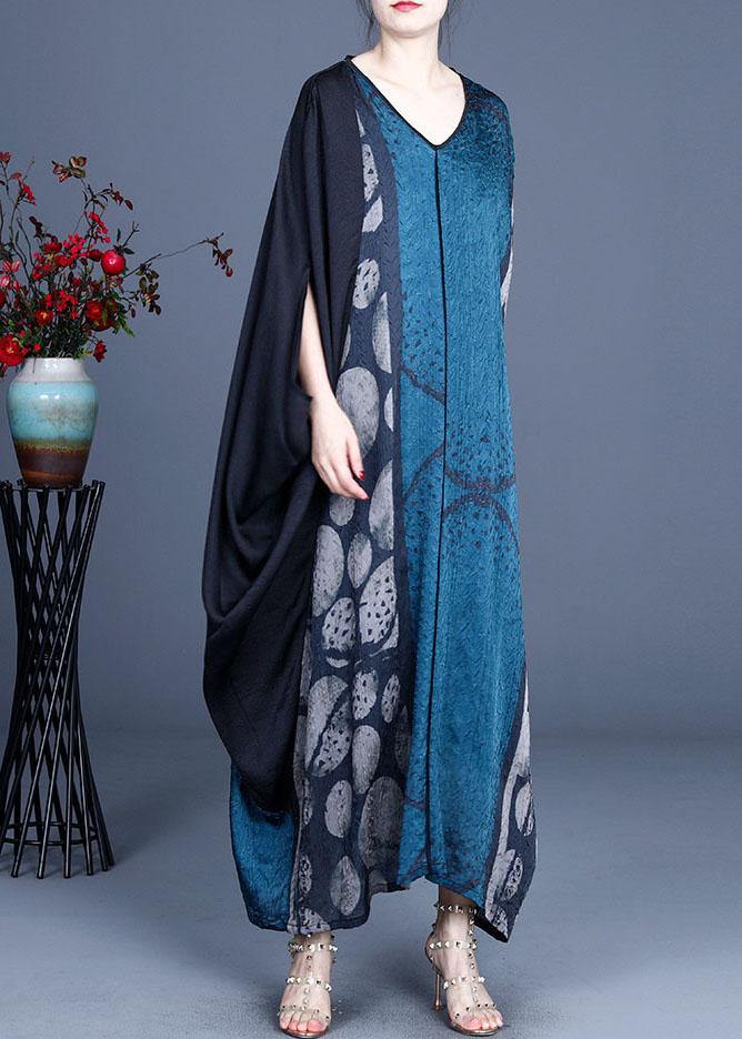 Blue Retro V Neck Patchwork Summer Robe Dresses Bat wing Sleeve - bagstylebliss