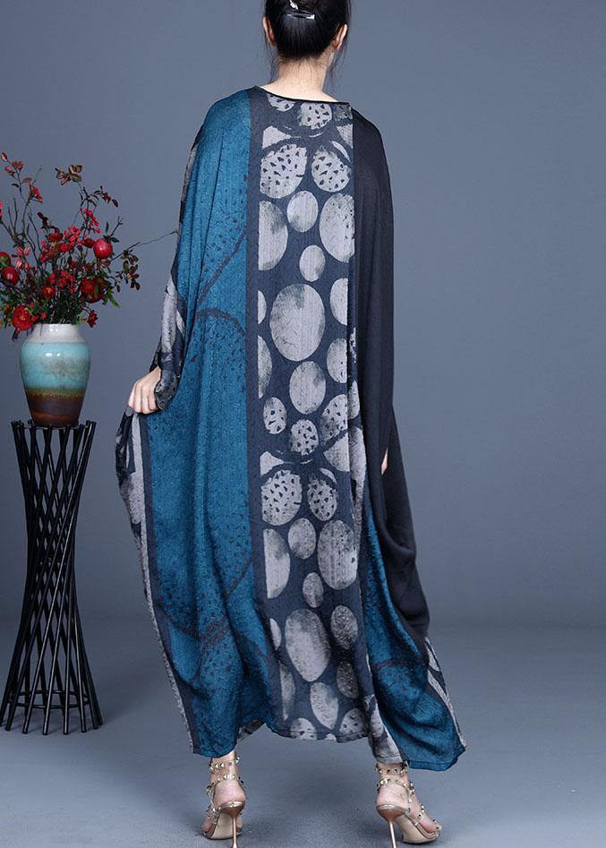 Blue Retro V Neck Patchwork Summer Robe Dresses Bat wing Sleeve - bagstylebliss