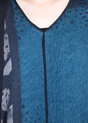 Blue Retro V Neck Patchwork Summer Robe Dresses Bat wing Sleeve - bagstylebliss