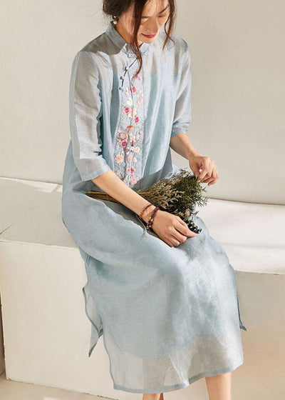 Blue Side Open Embroideried Summer linen Vacation Dresses Half Sleeve - bagstylebliss