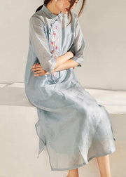 Blue Side Open Embroideried Summer linen Vacation Dresses Half Sleeve - bagstylebliss