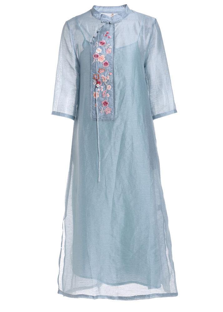 Blue Side Open Embroideried Summer linen Vacation Dresses Half Sleeve - bagstylebliss