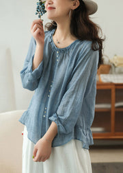 Blue Solid Linen Shirt Top Button Ruffled Long Sleeve