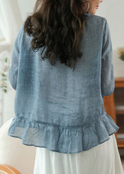 Blue Solid Linen Shirt Top Button Ruffled Long Sleeve