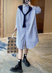 Blue Stripe Long Patchwork Cape Design Loose Shirt Skirt - bagstylebliss