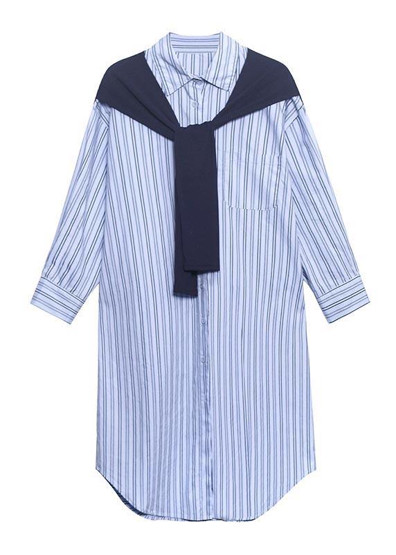 Blue Stripe Long Patchwork Cape Design Loose Shirt Skirt - bagstylebliss