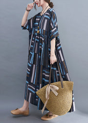 Blue Striped Baggy Long Dresses Wrinkled Short Sleeve