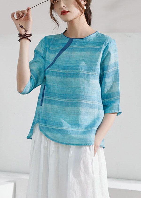 Blue Striped Chinese Style O-Neck Summer Ramie Blouse Half Sleeve - bagstylebliss