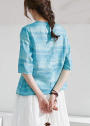 Blue Striped Chinese Style O-Neck Summer Ramie Blouse Half Sleeve - bagstylebliss