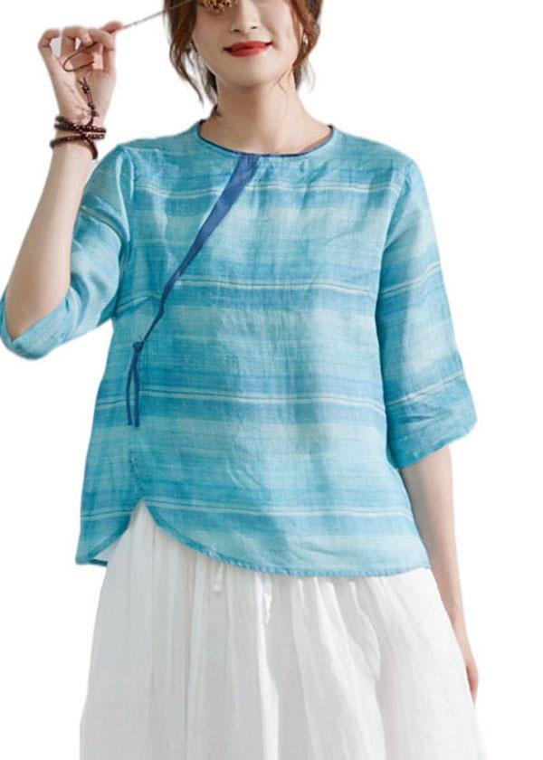 Blue Striped Chinese Style O-Neck Summer Ramie Blouse Half Sleeve - bagstylebliss