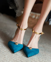 Blue Suede High Heels Sandals Splicing Buckle Strap