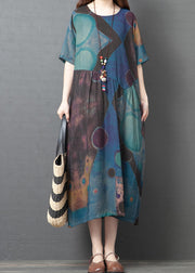 Blue Vintage Cotton Long Dresses asymmetrical design Short Sleeve