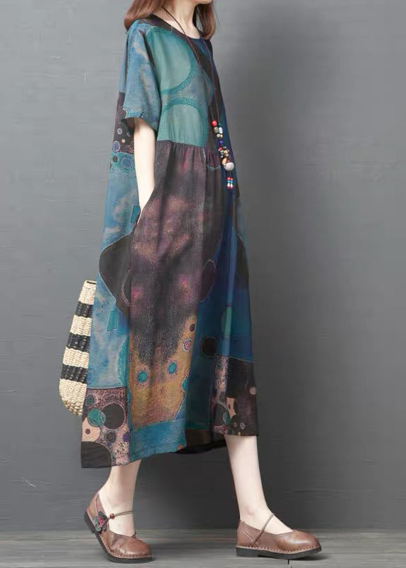 Blue Vintage Cotton Long Dresses asymmetrical design Short Sleeve