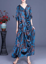 Blue Vogue Print Summer Silk Robe Dresses Half Sleeve - bagstylebliss