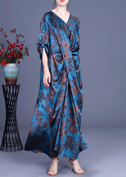 Blue Vogue Print Summer Silk Robe Dresses Half Sleeve - bagstylebliss