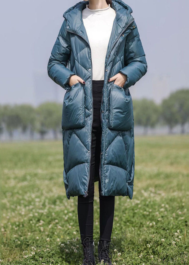 Blue Zippered Duck Down Down Coat Hooded Winter