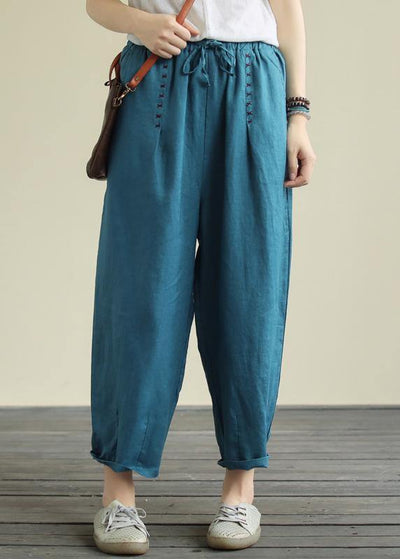 Blue loose casual plus size lace hemp cropped pants - bagstylebliss