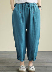 Blue loose casual plus size lace hemp cropped pants - bagstylebliss