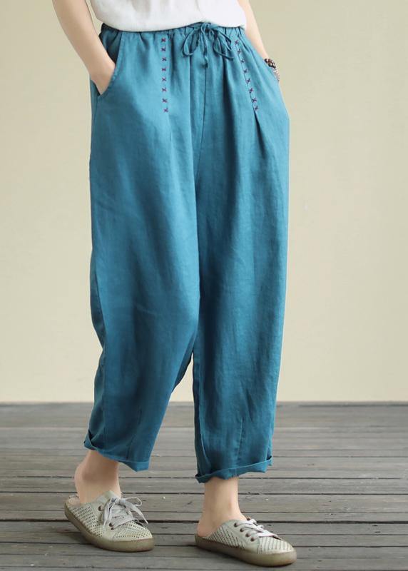 Blue loose casual plus size lace hemp cropped pants - bagstylebliss