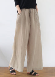 Bohemian Apricot Embroidered Pockets Linen Wide Leg Pants Fall