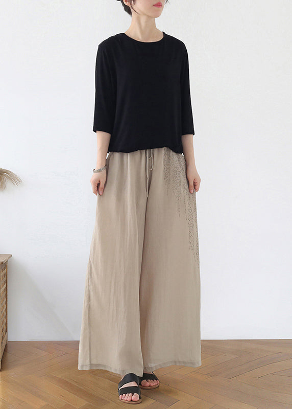 Bohemian Apricot Embroidered Pockets Linen Wide Leg Pants Fall