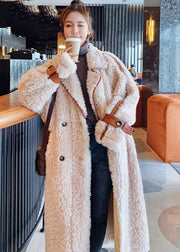 Bohemian Apricot Notched Patchwork Button Thick Tie Waist Faux Fur Long Parka Coats Winter