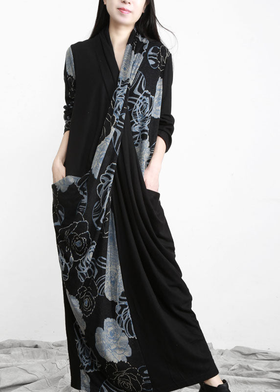 Bohemian Black Bule Asymmetrical Design Pockets Cotton Dress Long Sleeve