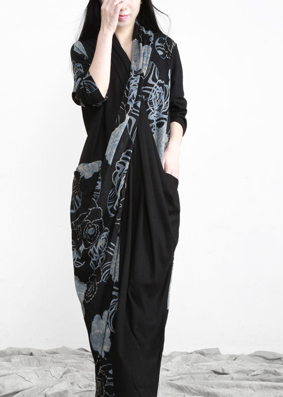 Bohemian Black Bule Asymmetrical Design Pockets Cotton Dress Long Sleeve