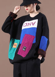 Bohemian Black Colorblock Letter Fall Knit Sweater - bagstylebliss