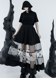 Bohemian Black Elastic Waist Hollow Out Tulle Patchwork Cotton A Line Skirts Summer