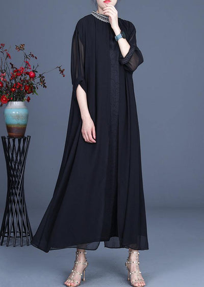 Bohemian Black Embroidery Oversize Maxi Summer Spring Chiffon Dress - bagstylebliss