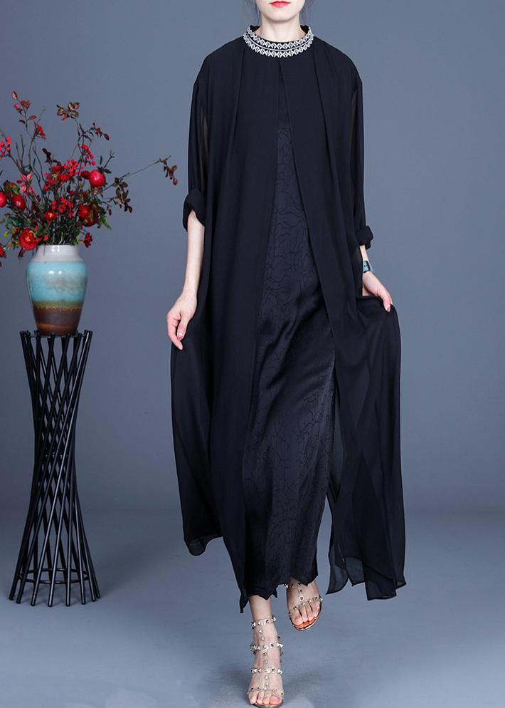 Bohemian Black Embroidery Oversize Maxi Summer Spring Chiffon Dress - bagstylebliss