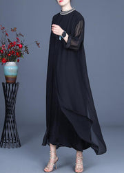 Bohemian Black Embroidery Oversize Maxi Summer Spring Chiffon Dress - bagstylebliss