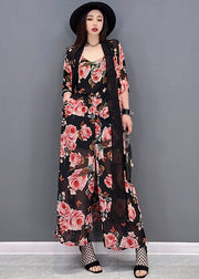 Bohemian Black Floral Print Draping Chiffon Women Sets 3 Pieces Summer