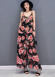 Bohemian Black Floral Print Draping Chiffon Women Sets 3 Pieces Summer