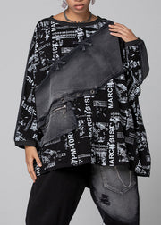 Bohemian Black Graphic Patchwork denim Top Spring