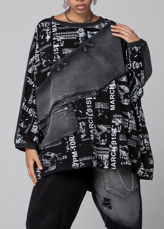 Bohemian Black Graphic Patchwork Denim Top Frühling