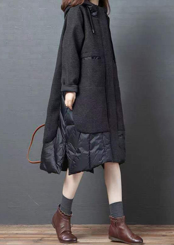 Bohemian Black Hooded Pockets Patchwork Thick Long Coat Winter