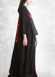 Bohemian Black O-Neck Asymmetrical Floral Print Long Dresses Three Quarter sleeve