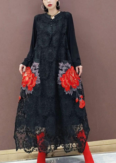 Bohemian Black O-Neck Lace Print Dress Fall - bagstylebliss