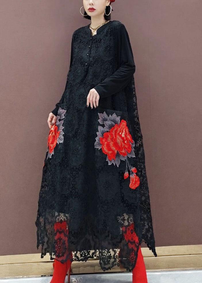 Bohemian Black O-Neck Lace Print Dress Fall - bagstylebliss